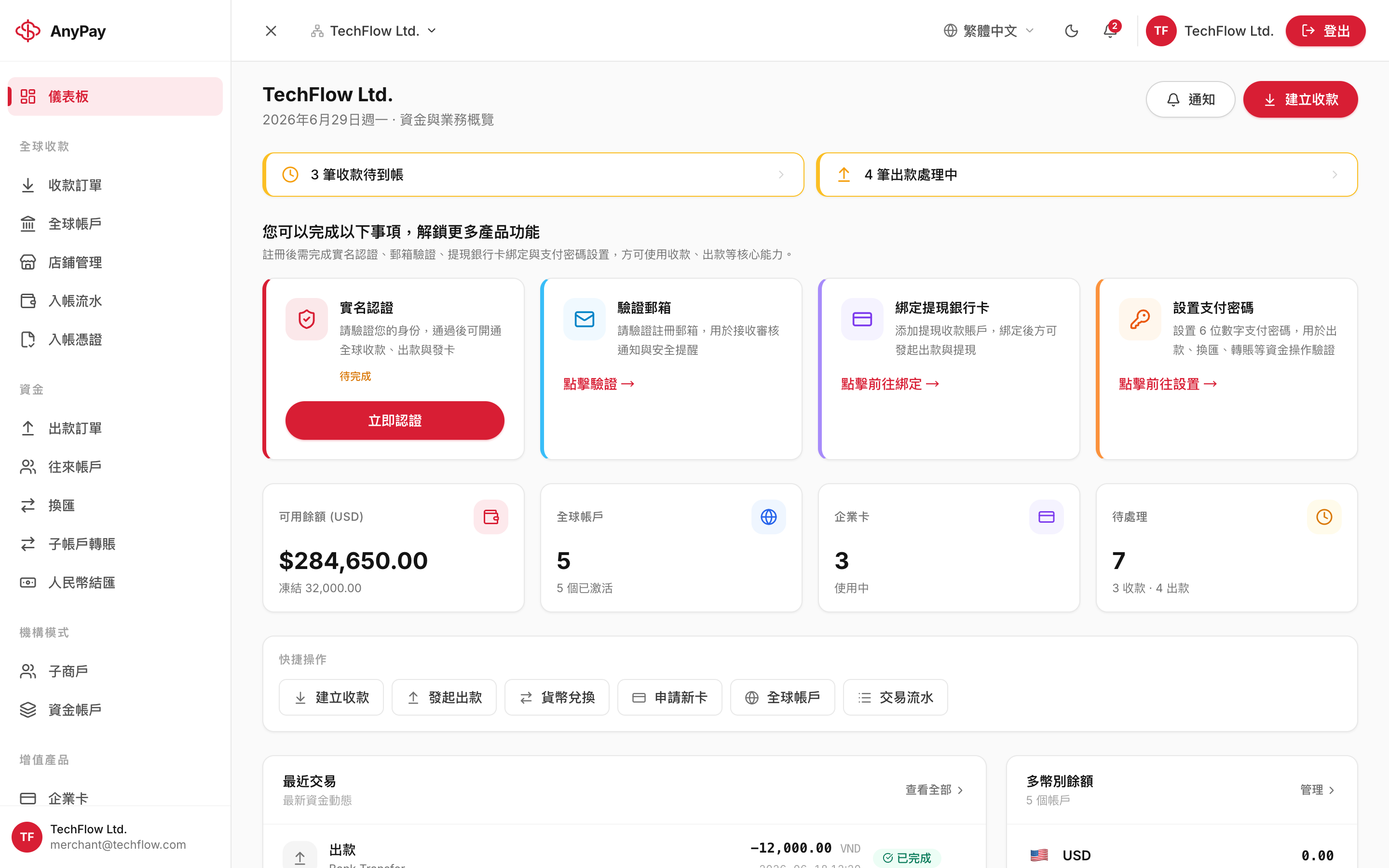 AnyPay 商戶門戶儀表板